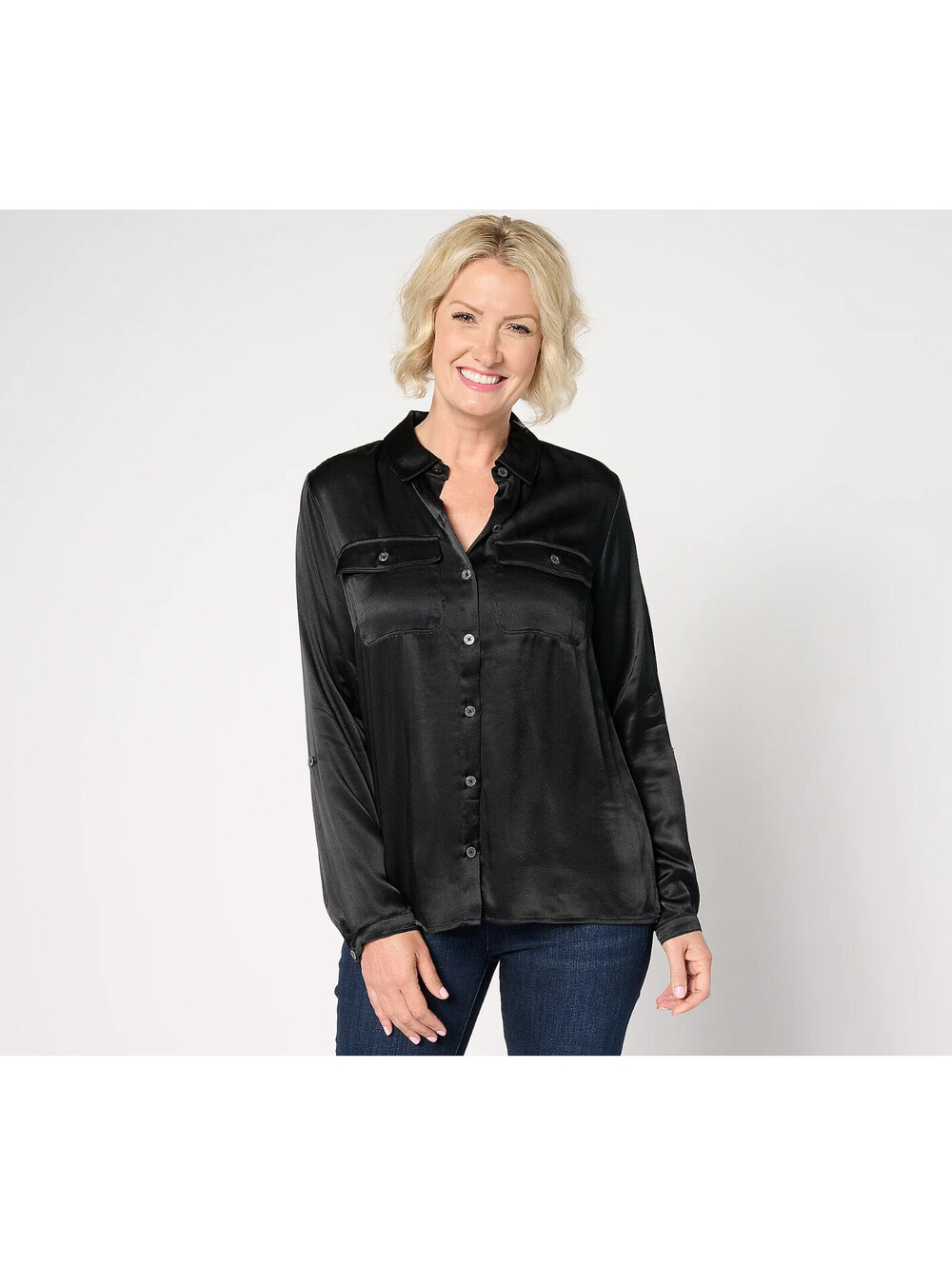 #CQ4138 Joan Rivers Satin Button-Front Shirt with Chest Pockets Size XS